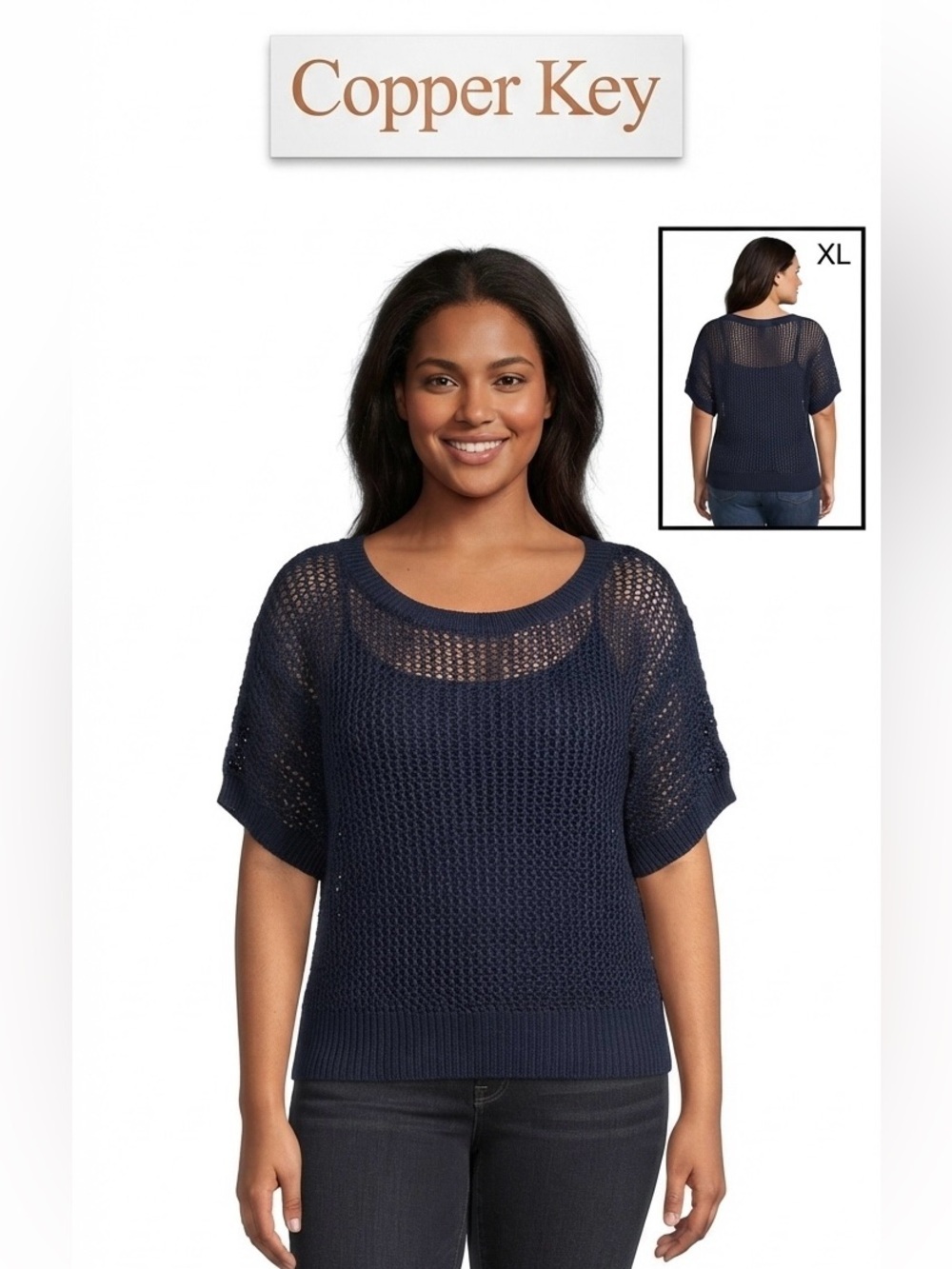 Copper Key Two Tone Blue Loose Knit Short Sleeve Sweater XL (Cami Not Included) - Picture 1 of 9